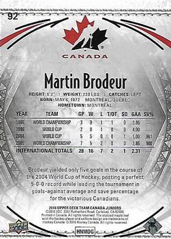 2016 Upper Deck Team Canada Juniors - Gold #92 Martin Brodeur Back