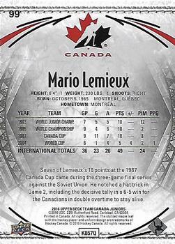 2016 Upper Deck Team Canada Juniors - Gold #99 Mario Lemieux Back