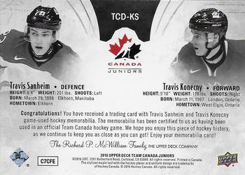 2016 Upper Deck Team Canada Juniors - Material Duos - Gold Spectrum Patch #TCD-KS Travis Sanheim/Travis Konecny Back