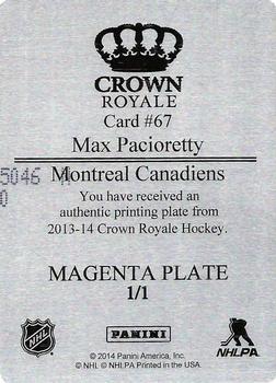 2013-14 Panini National Treasures - 2012-13 Panini Certified Printing Plates Magenta #67 Max Pacioretty Back
