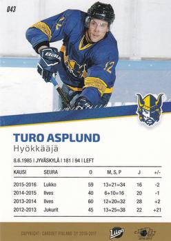 2016-17 Cardset Finland #043 Turo Asplund Back