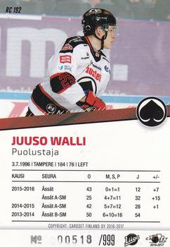 2016-17 Cardset Finland - Rookie Series 1 #RC 192 Juuso Walli Back