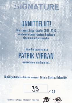 2016-17 Cardset Finland - Signature #NNO Patrik Virta Back