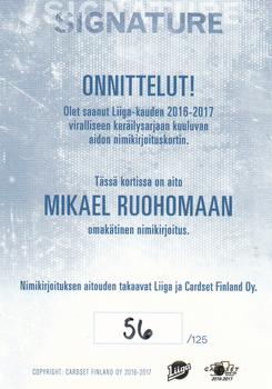 2016-17 Cardset Finland - Signature #NNO Mikael Ruohomaa Back