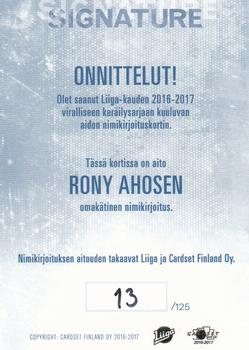 2016-17 Cardset Finland - Signature #NNO Rony Ahonen Back