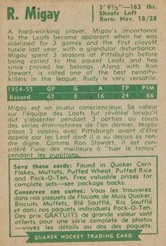 1955-56 Parkhurst Quaker Oats #12 Rudy Migay Back