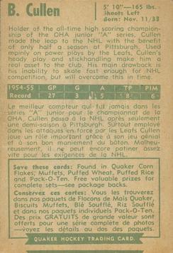 1955-56 Parkhurst Quaker Oats #13 Brian Cullen Back