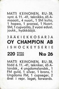 1966 Champion Jaakiekkosarja (Finnish) #26 Matti Keinonen Back