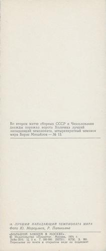 1973 Soviet World Ice Hockey Championship Postcards #14 USSR vs. Czechoslovakia / Boris Mikhalov Back