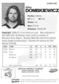 2006-07 Choice Fort Wayne Komets (UHL) #2 Mike Dombkiewicz Back