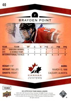 2014 Upper Deck Team Canada Juniors - Exclusives #40 Brayden Point Back