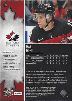2015 Upper Deck Team Canada Juniors - Base - Exclusives #89 Max Domi Back
