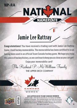 2015 Upper Deck Team Canada Juniors - Nameplate Letter Patches #NP-RA Jamie Lee Rattray Back
