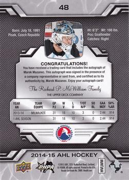 2014-15 Upper Deck AHL - Autographs #48 Marek Mazanec Back