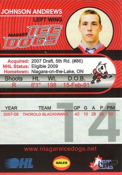 2008-09 Niagara IceDogs (OHL) #2 Johnson Andrews Back