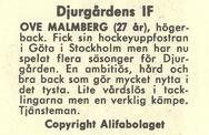 1961 Alfa Ishockey (Swedish) #NNO Ove Malmberg Back