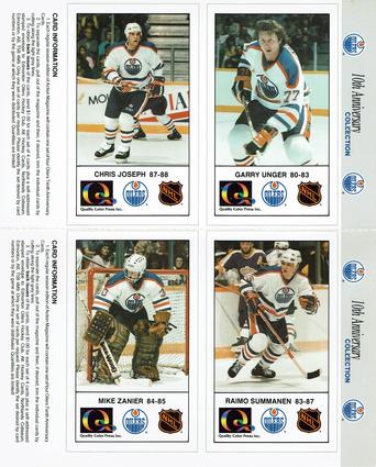 1988-89 Edmonton Oilers Action Magazine Tenth Anniversary Commemerative - Four-Card Panels #1-4 Garry Unger / Chris Joseph / Raimo Summanen / Mike Zanier Front