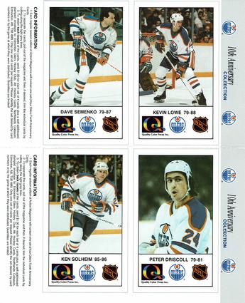 1988-89 Edmonton Oilers Action Magazine Tenth Anniversary Commemerative - Four-Card Panels #5-8 Kevin Lowe / Dave Semenko / Peter Driscoll / Ken Solheim Front