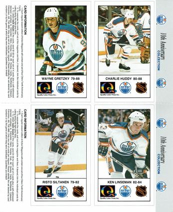 1988-89 Edmonton Oilers Action Magazine Tenth Anniversary Commemerative - Four-Card Panels #45-48 Charlie Huddy / Wayne Gretzky / Ken Linseman / Risto Siltanen Front