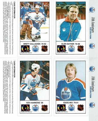 1988-89 Edmonton Oilers Action Magazine Tenth Anniversary Commemerative - Four-Card Panels #49-52 Glen Sather / Brett Callighen / Eddie Mio / Ken Hammond Front