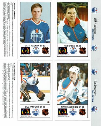 1988-89 Edmonton Oilers Action Magazine Tenth Anniversary Commemerative - Four-Card Panels #57-60 Ted Green / Matti Hagman / Marc Habscheid / Bill Ranford Front