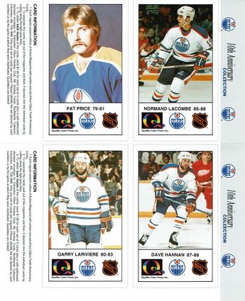 1988-89 Edmonton Oilers Action Magazine Tenth Anniversary Commemerative - Four-Card Panels #81-84 Normand Lacombe / Pat Price / Dave Hannan / Garry Lariviere Front