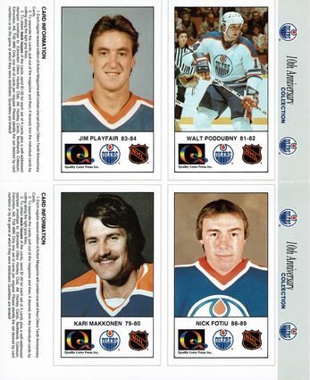 1988-89 Edmonton Oilers Action Magazine Tenth Anniversary Commemerative - Four-Card Panels #141-144 Walt Poddubny / Jim Playfair / Nick Fotiu / Kari Makkonen Front