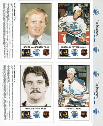1988-89 Edmonton Oilers Action Magazine Tenth Anniversary Commemerative - Four-Card Panels #153-156 Miroslav Frycer / Bruce MacGregor / Kim Issel / Marco Baron Front