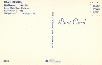 1971-72 Buffalo Sabres Postcards #82290-C Dave Dryden Back