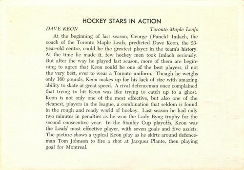 1963-64 Toronto Star Hockey Stars In Action #NNO Dave Keon Back