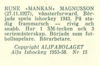 1955-56 Alfa Ishockey (Swedish) #15 Rune Magnusson Back