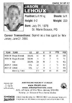 2002-03 Choice Albany River Rats (AHL) #12 Jason Lehoux Back