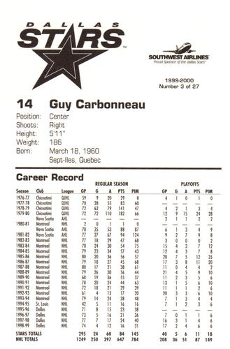 1999-00 Southwest Dallas Stars #3 Guy Carbonneau Back