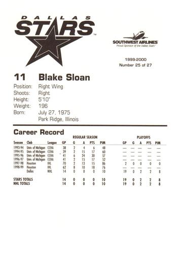 1999-00 Southwest Dallas Stars #25 Blake Sloan Back