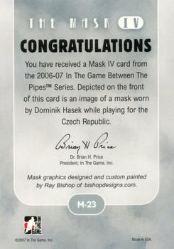 2015-16 In The Game Final Vault - 2006-07 In The Game Between The Pipes The Mask IV Onyx  (Green Vault Stamp) #M-23 Dominik Hasek Back