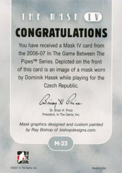 2015-16 In The Game Final Vault - 2006-07 In The Game Between The Pipes The Mask IV Onyx  (Silver Vault Stamp) #M-23 Dominik Hasek Back