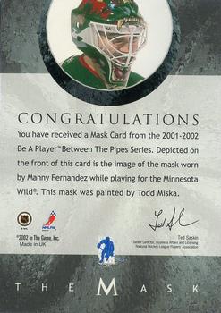 2015-16 In The Game Final Vault - 2001-02 Between The Pipes -The Mask  (Green Vault Stamp) #NNO Manny Fernandez Back