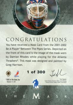 2015-16 In The Game Final Vault - 2001-02 Between The Pipes -The Mask Silver  (Green Vault Stamp) #NNO Damian Rhodes Back