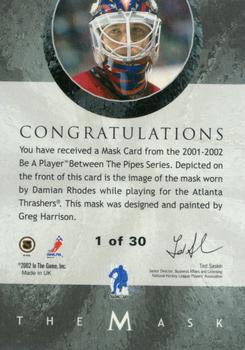 2015-16 In The Game Final Vault - 2001-02 Between The Pipes -The Mask Gold  (Green Vault Stamp) #NNO Damian Rhodes Back