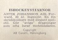 1964 Coralli Hockeystjarnor (Swedish) #36 Antik Johansson Back