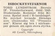 1964 Coralli Hockeystjarnor (Swedish) #78 Tord Lundstrom Back