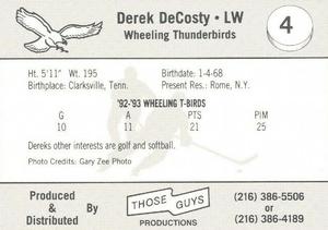 1993-94 Those Guys Productions Wheeling Thunderbirds (ECHL) #4 Derek DeCosty Back