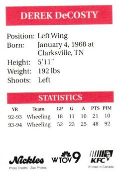 1994-95 Wheeling Thunderbirds (ECHL) #NNO Derek DeCosty Back