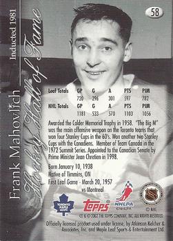 2002-03 Toronto Maple Leafs Platinum Collection #58 Frank Mahovlich Back