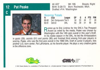 1991 Classic Draft Picks #12 Pat Peake Back
