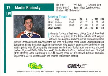1991 Classic Draft Picks #17 Martin Rucinsky Back