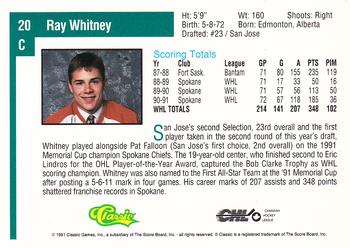 1991 Classic Draft Picks #20 Ray Whitney Back