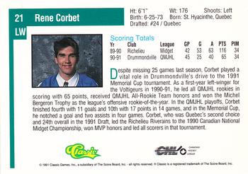 1991 Classic Draft Picks #21 Rene Corbet Back