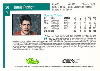 1991 Classic Draft Picks #28 Jamie Pushor Back