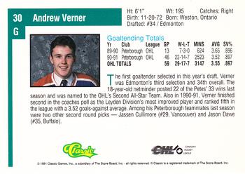 1991 Classic Draft Picks #30 Andrew Verner Back